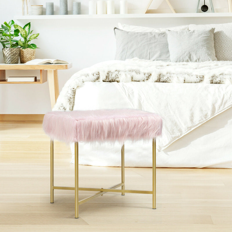 Faux Fur Ottoman Decorative Stool with Metal Legs-Pink