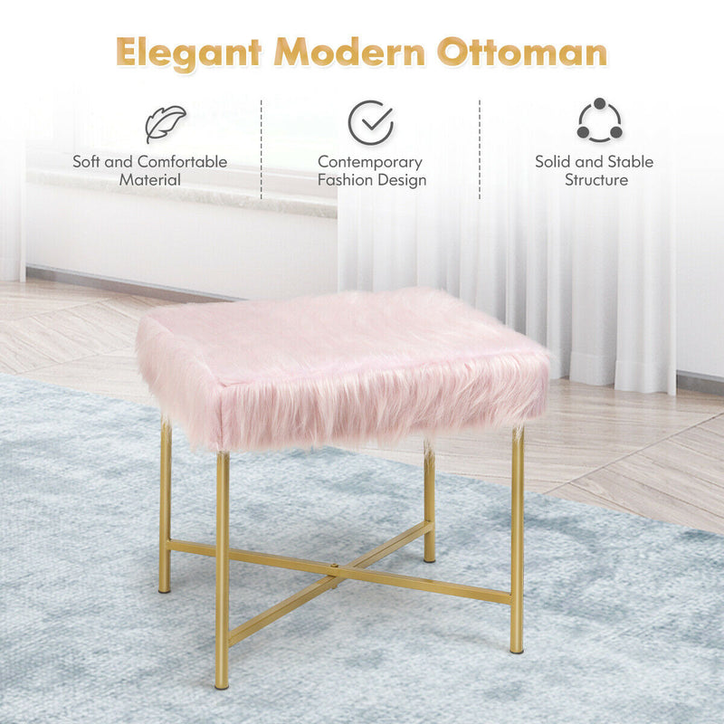 Faux Fur Ottoman Decorative Stool with Metal Legs-Pink