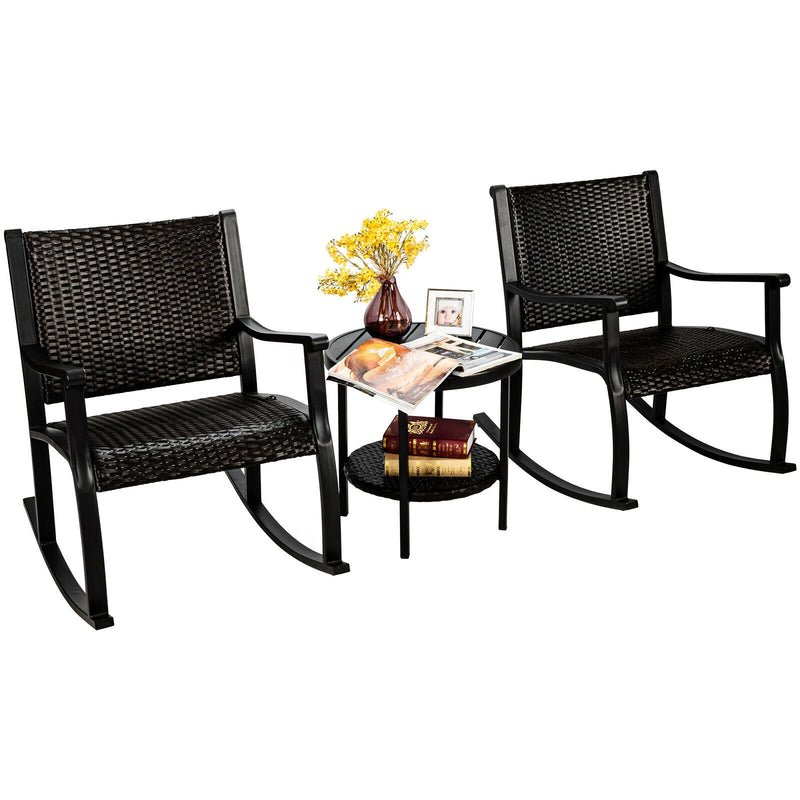 3 Pieces Patio Rattan Furniture Set with Coffee Table and Rocking Chairs