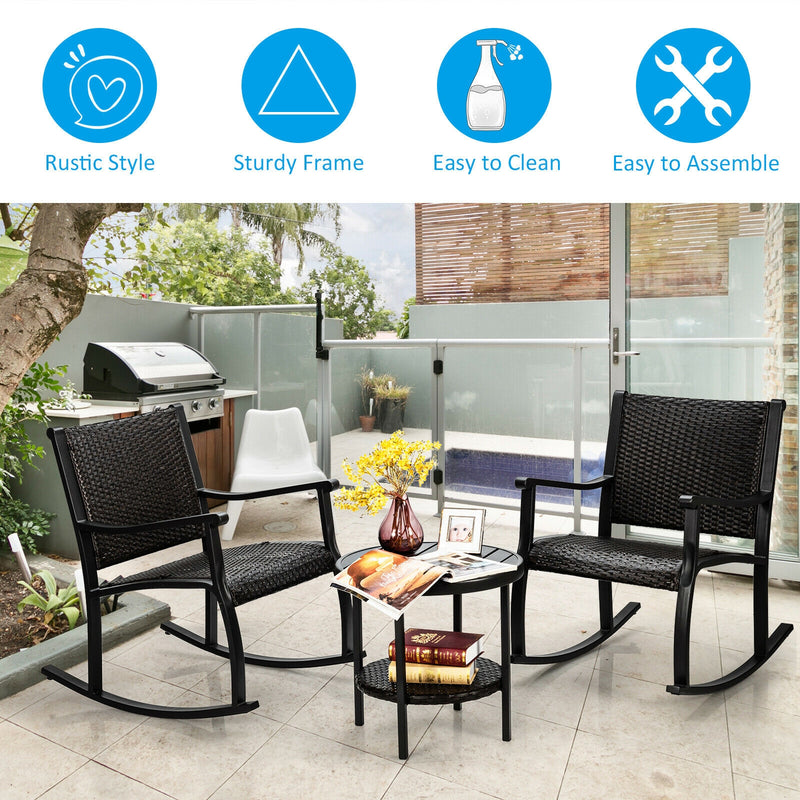 3 Pieces Patio Rattan Furniture Set with Coffee Table and Rocking Chairs