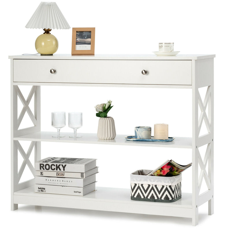 3-Tier Console Table with Drawers for Living Room Entryway-White