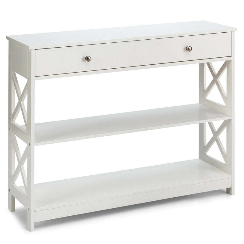 3-Tier Console Table with Drawers for Living Room Entryway-White