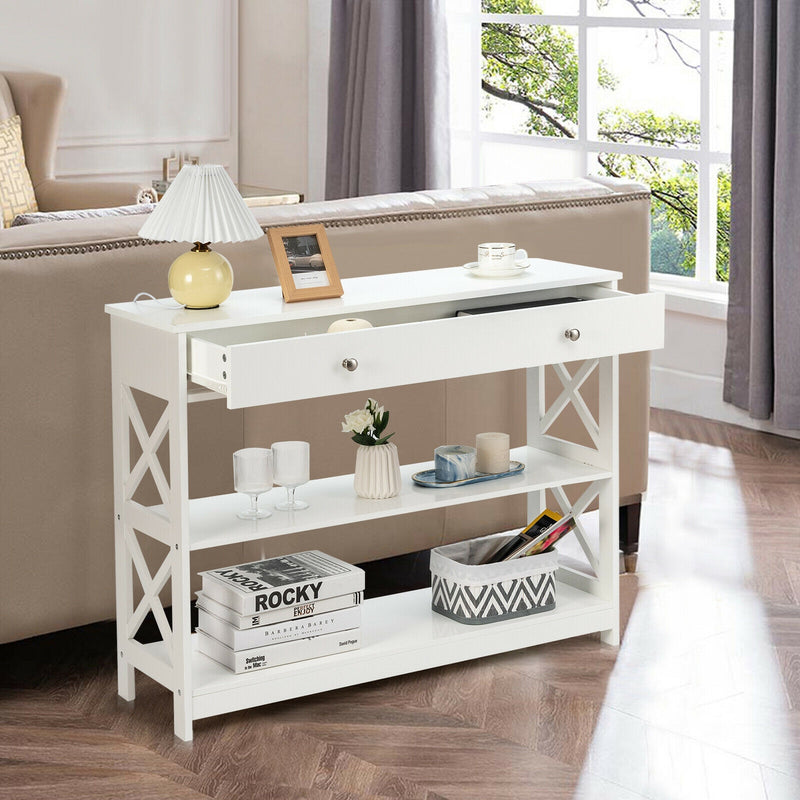 3-Tier Console Table with Drawers for Living Room Entryway-White