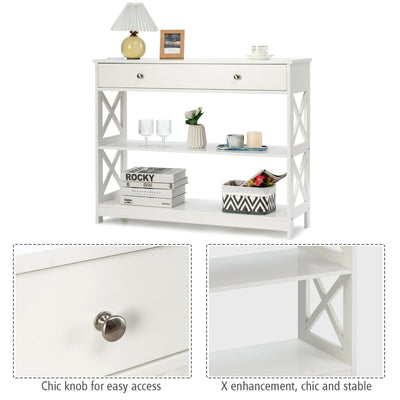 3-Tier Console Table with Drawers for Living Room Entryway-White