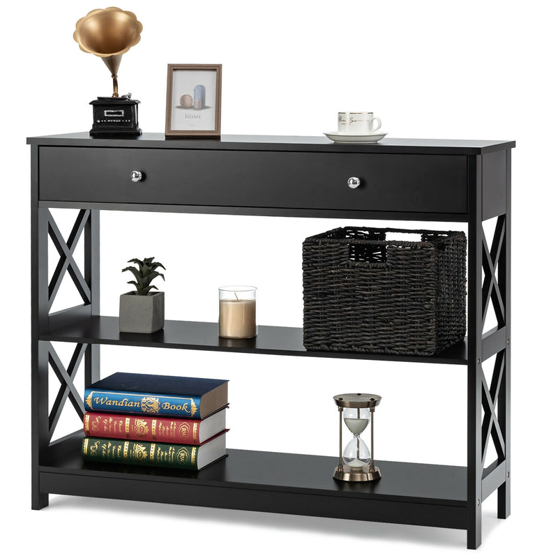 3-Tier Console Table with Drawers for Living Room Entryway-Black