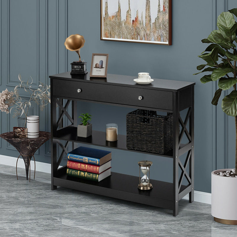 3-Tier Console Table with Drawers for Living Room Entryway-Black