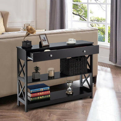 3-Tier Console Table with Drawers for Living Room Entryway-Black