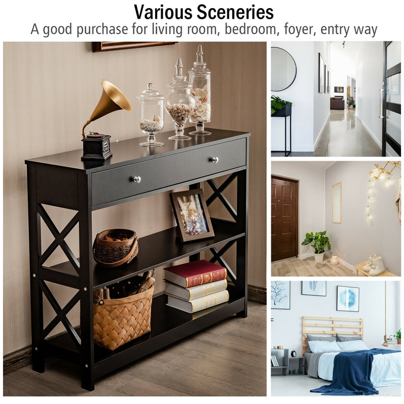 3-Tier Console Table with Drawers for Living Room Entryway-Black