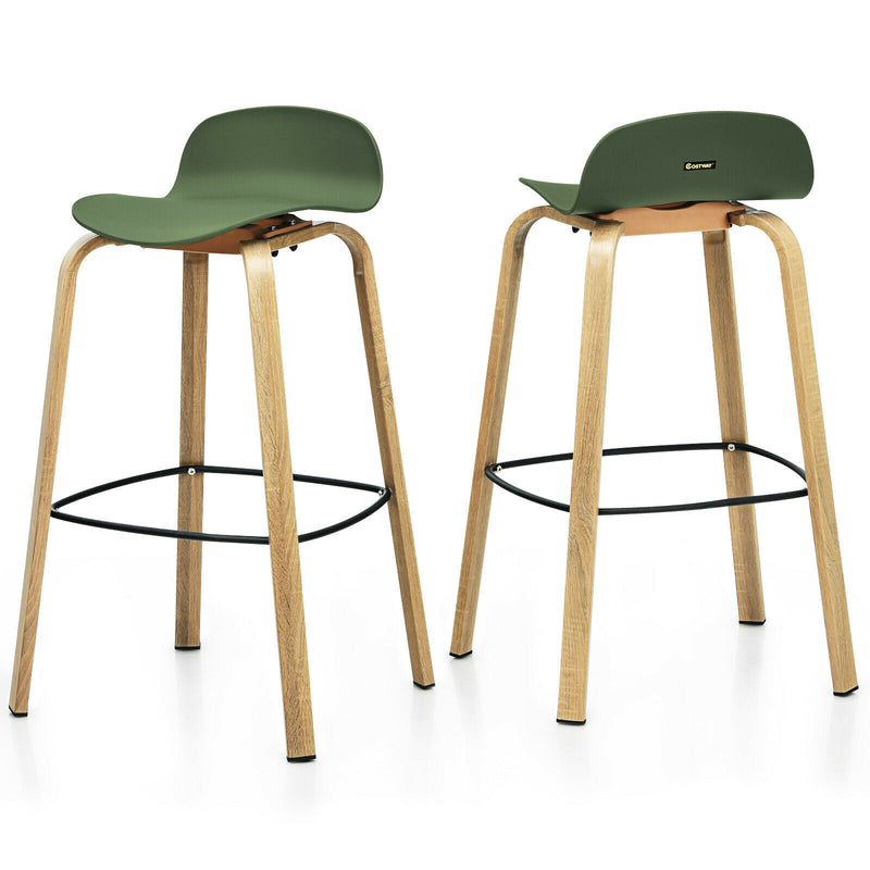 Set of 2 Modern Barstools Pub Chairs with Low Back and Metal Legs-Green