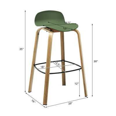 Set of 2 Modern Barstools Pub Chairs with Low Back and Metal Legs-Green