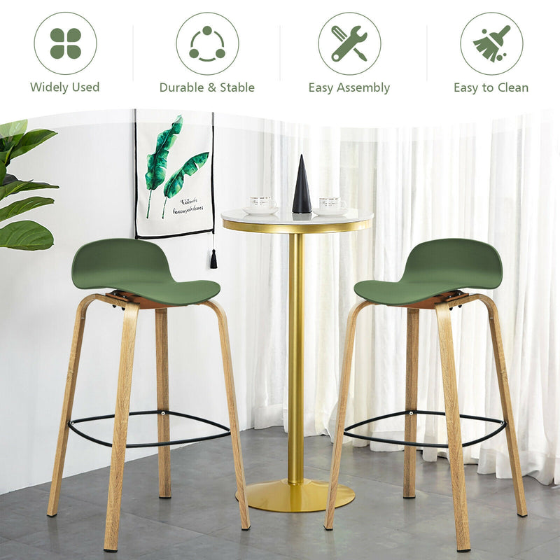 Set of 2 Modern Barstools Pub Chairs with Low Back and Metal Legs-Green