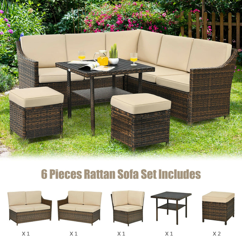 6 Pieces Patio Rattan Dining Sofa Funiture Set