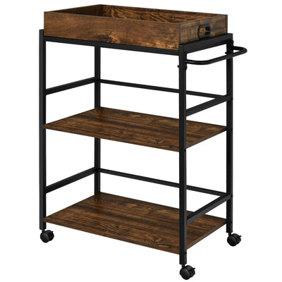 3-Tier Kitchen Serving Bar Cart with Lockable Casters and Handle Rack for Home Pub-Rustic Brown