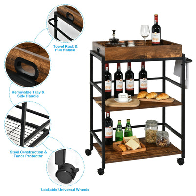 3-Tier Kitchen Serving Bar Cart with Lockable Casters and Handle Rack for Home Pub-Rustic Brown