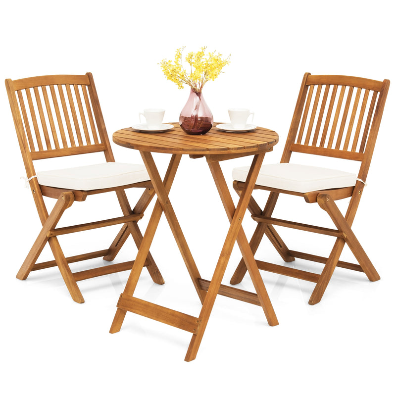 3 Pieces Patio Folding Wooden Bistro Set Cushioned Chair-White