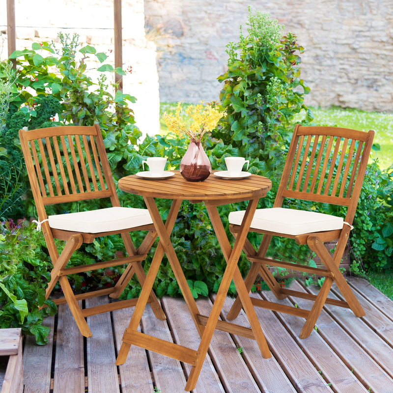 3 Pieces Patio Folding Wooden Bistro Set Cushioned Chair-White