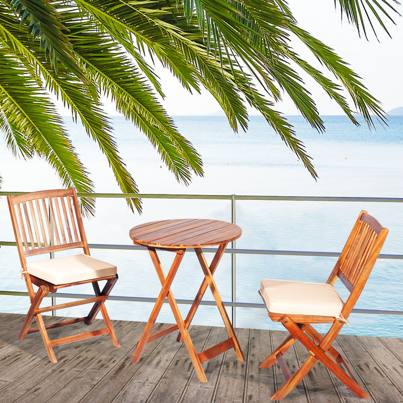 3 Pieces Patio Folding Wooden Bistro Set Cushioned Chair-White