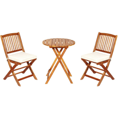 3 Pieces Patio Folding Wooden Bistro Set Cushioned Chair-White