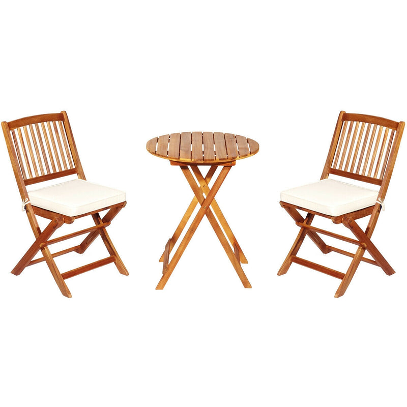 3 Pieces Patio Folding Wooden Bistro Set Cushioned Chair-White