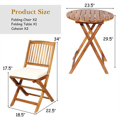 3 Pieces Patio Folding Wooden Bistro Set Cushioned Chair-White