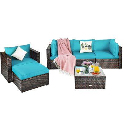 6 Pieces Patio Rattan Furniture Set with Sectional Cushion-Turquoise