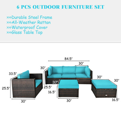 6 Pieces Patio Rattan Furniture Set with Sectional Cushion-Turquoise