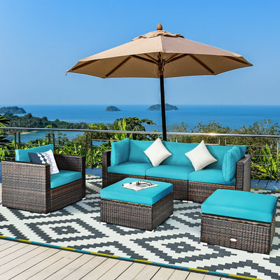 6 Pieces Patio Rattan Furniture Set with Sectional Cushion-Turquoise