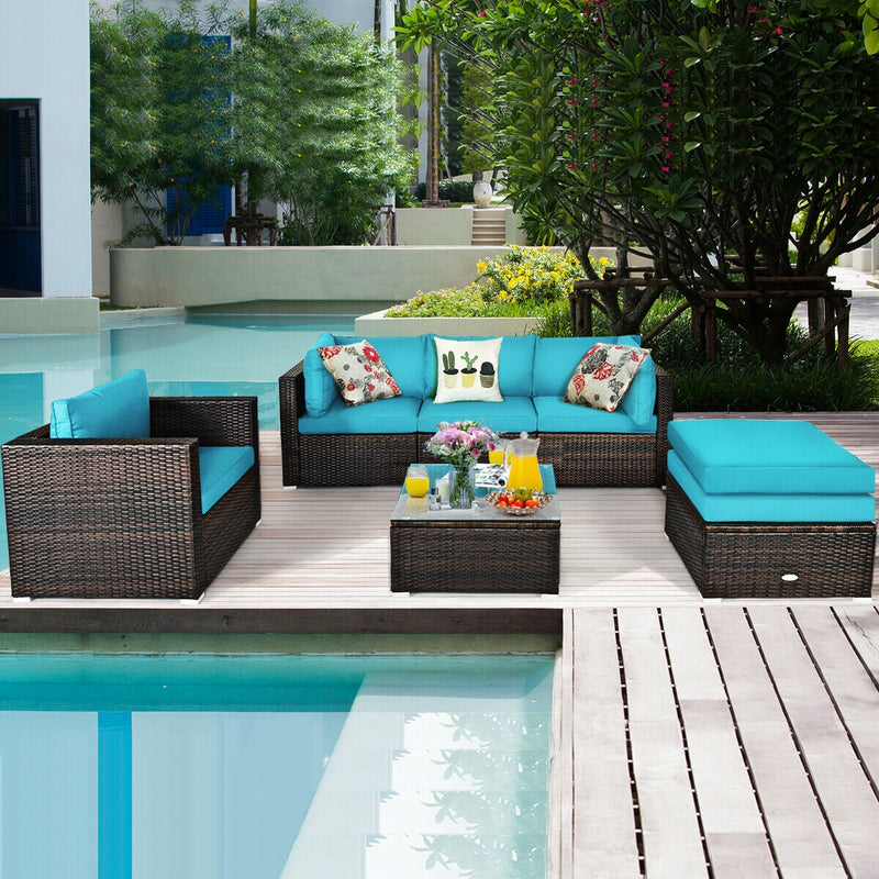 6 Pieces Patio Rattan Furniture Set with Sectional Cushion-Turquoise