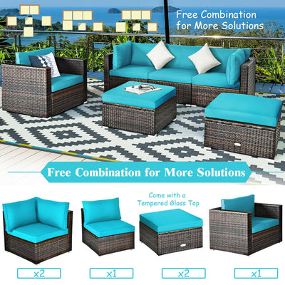 6 Pieces Patio Rattan Furniture Set with Sectional Cushion-Turquoise