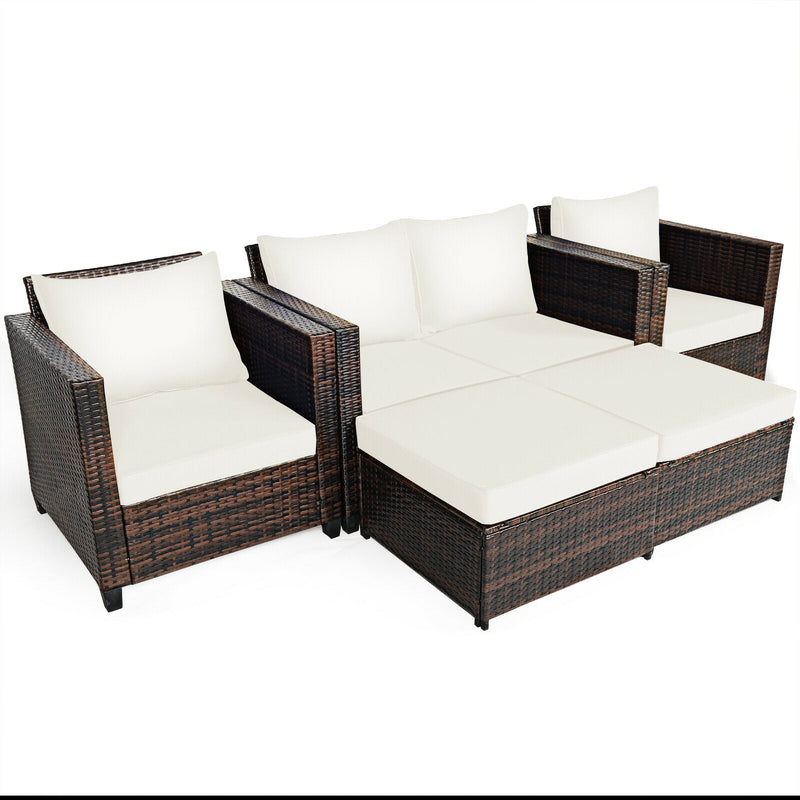 5 Pieces Patio Cushioned Rattan Furniture Set-White