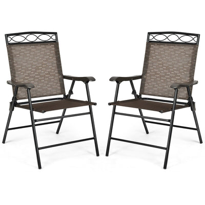 Set of 2 Patio Folding Chairs Sling Portable Dining Chair Set with Armrest