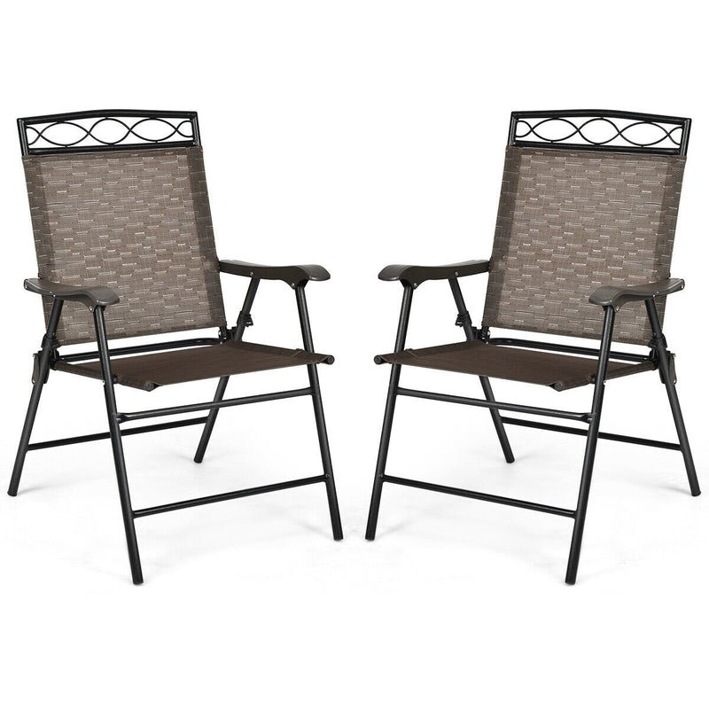 Set of 2 Patio Folding Chairs Sling Portable Dining Chair Set with Armrest