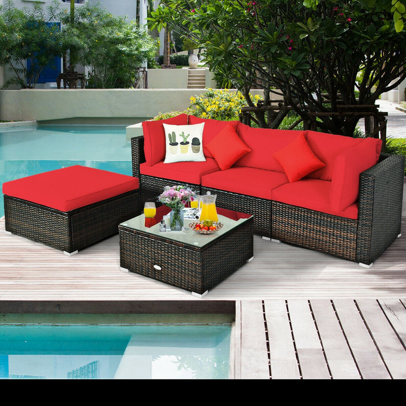 5 Pcs Outdoor Patio Rattan Furniture Set Sectional Conversation with Cushions-Red