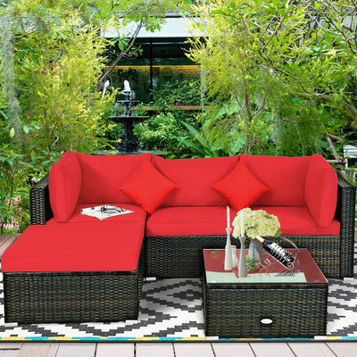 5 Pcs Outdoor Patio Rattan Furniture Set Sectional Conversation with Cushions-Red