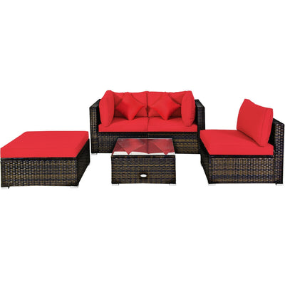 5 Pcs Outdoor Patio Rattan Furniture Set Sectional Conversation with Cushions-Red