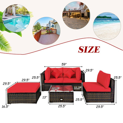 5 Pcs Outdoor Patio Rattan Furniture Set Sectional Conversation with Cushions-Red