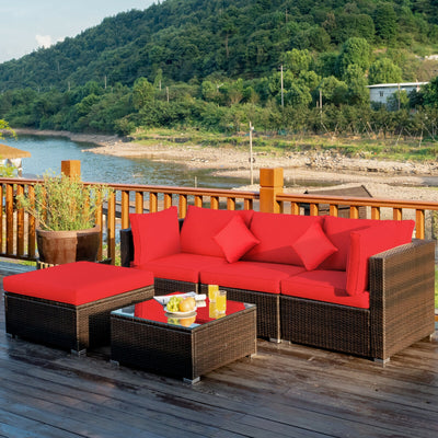 5 Pcs Outdoor Patio Rattan Furniture Set Sectional Conversation with Cushions-Red