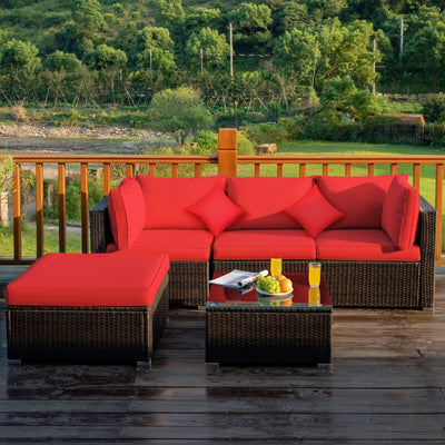 5 Pcs Outdoor Patio Rattan Furniture Set Sectional Conversation with Cushions-Red