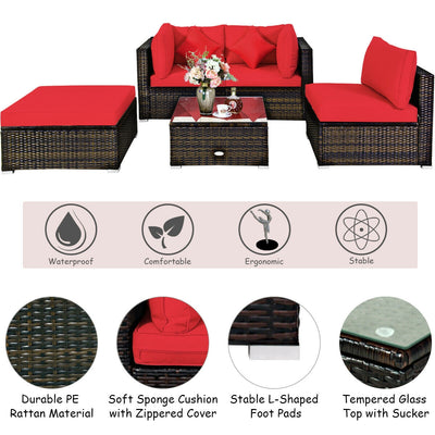 5 Pcs Outdoor Patio Rattan Furniture Set Sectional Conversation with Cushions-Red