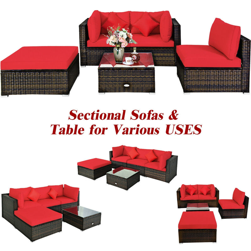 5 Pcs Outdoor Patio Rattan Furniture Set Sectional Conversation with Cushions-Red