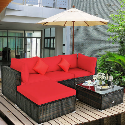 5 Pcs Outdoor Patio Rattan Furniture Set Sectional Conversation with Cushions-Red