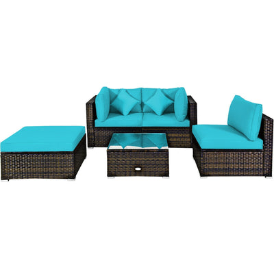 5 Pcs Outdoor Patio Rattan Furniture Set Sectional Conversation with Cushions-Turquoise