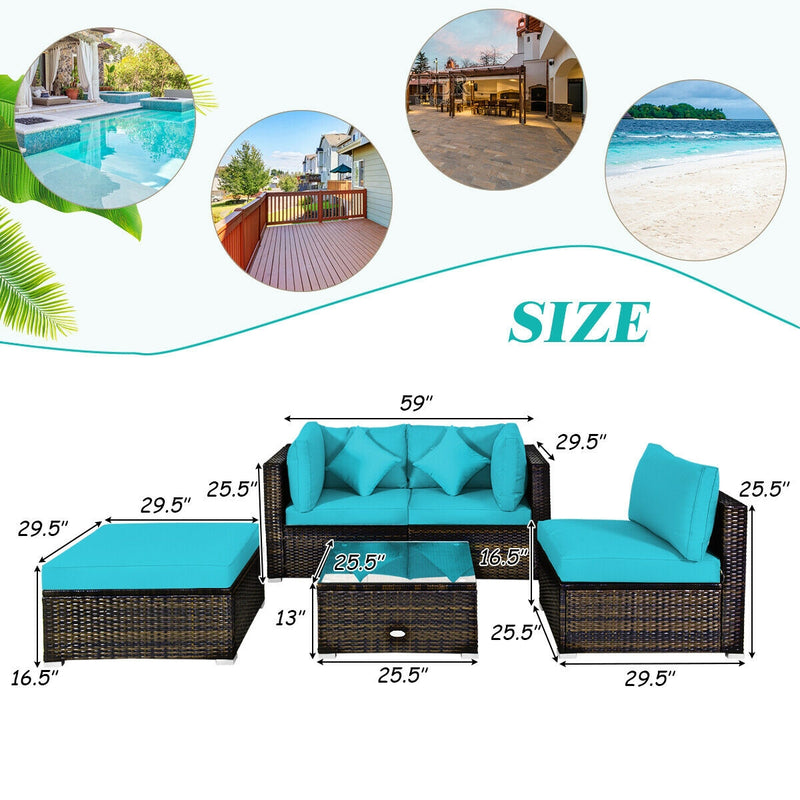 5 Pcs Outdoor Patio Rattan Furniture Set Sectional Conversation with Cushions-Turquoise