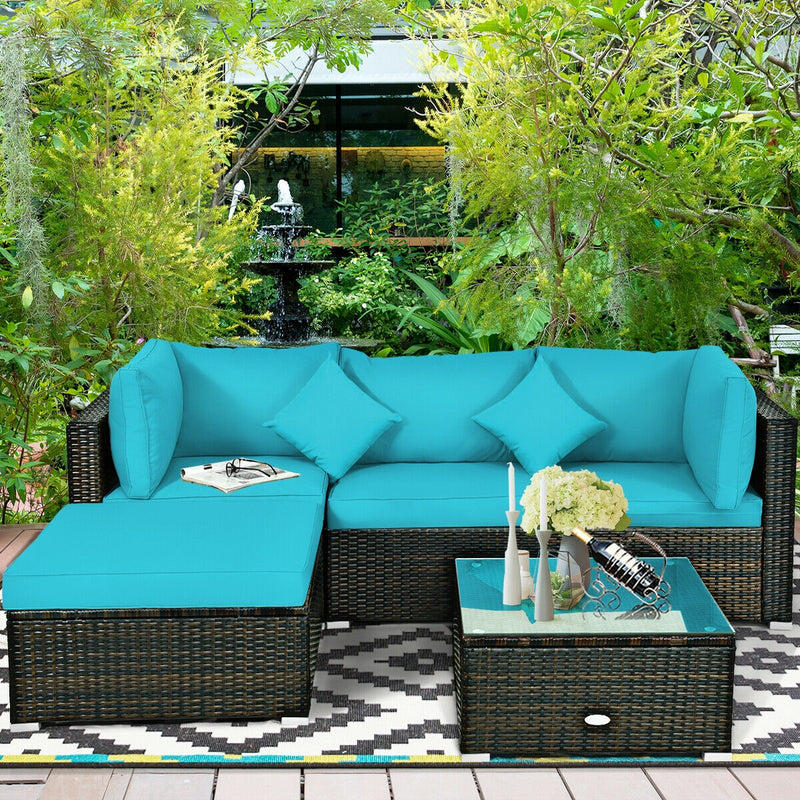 5 Pcs Outdoor Patio Rattan Furniture Set Sectional Conversation with Cushions-Turquoise