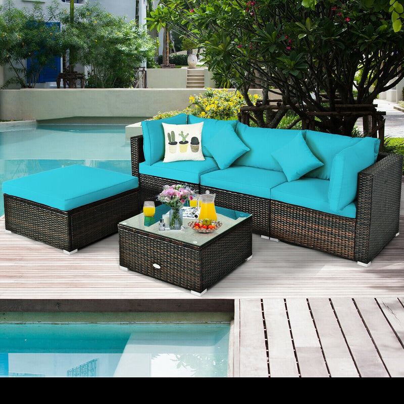 5 Pcs Outdoor Patio Rattan Furniture Set Sectional Conversation with Cushions-Turquoise