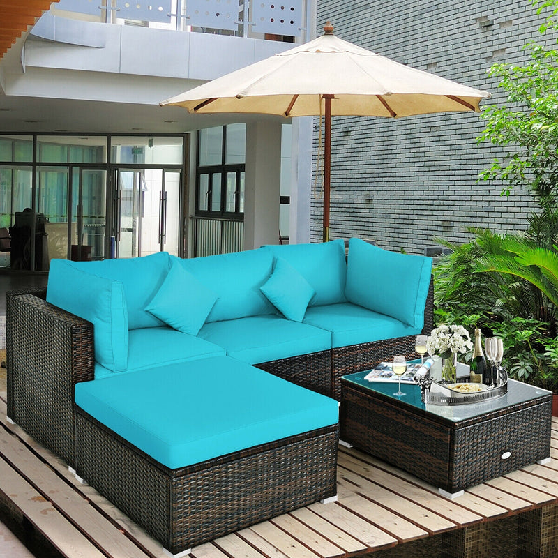 5 Pcs Outdoor Patio Rattan Furniture Set Sectional Conversation with Cushions-Turquoise