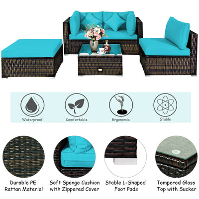 5 Pcs Outdoor Patio Rattan Furniture Set Sectional Conversation with Cushions-Turquoise