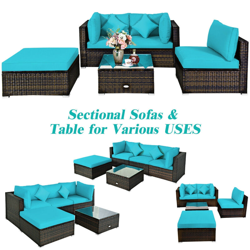 5 Pcs Outdoor Patio Rattan Furniture Set Sectional Conversation with Cushions-Turquoise