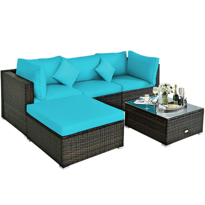 5 Pcs Outdoor Patio Rattan Furniture Set Sectional Conversation with Cushions-Turquoise