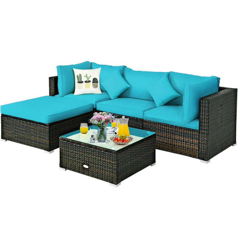 5 Pcs Outdoor Patio Rattan Furniture Set Sectional Conversation with Cushions-Turquoise